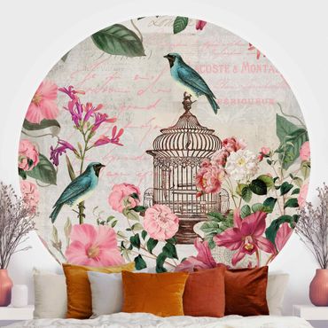 Papier peint rond autocollant - Shabby Chic Collage - Pink Flowers And Blue Birds