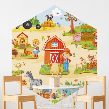 Papier peint hexagonal autocollant avec dessins - Playoom Mat Farm - Farm Work Is Fun