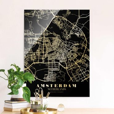 Tableau en verre - Amsterdam City Map - Classic Black - Format portrait