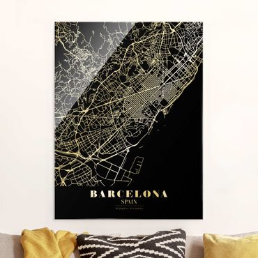 Tableau en verre - Barcelona City Map - Classic Black - Format portrait