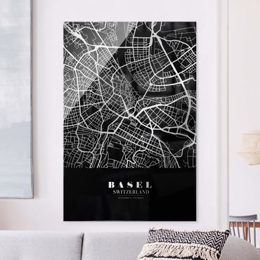 Tableau en verre - Basel City Map - Classic Black - Format portrait