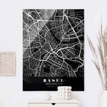 Tableau en verre - Basel City Map - Classic Black - Format portrait