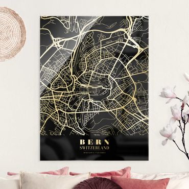 Tableau en verre - Bern City Map - Classic Black - Format portrait