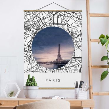 Tableau en tissu avec porte-affiche - Map Collage Paris - Format portrait 3:4