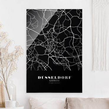 Tableau en verre - Dusseldorf City Map - Classic Black - Format portrait