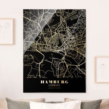 Tableau en verre - Hamburg City Map - Classic Black - Format portrait