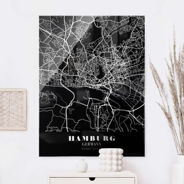 Tableau en verre - Hamburg City Map - Classic Black - Format portrait