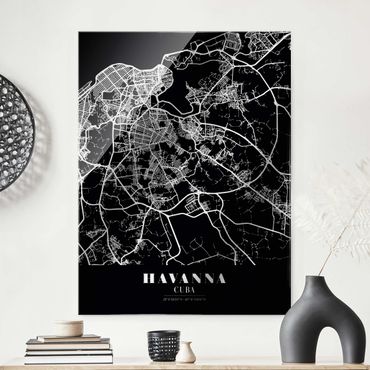 Tableau en verre - Havana City Map - Classic Black - Format portrait