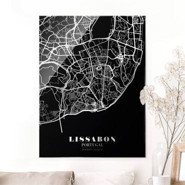 Tableau en verre - Lisbon City Map - Classic Black - Format portrait