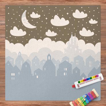 Tapis en liège - Starry Sky With Houses And Moon In Blue - Carré 1:1