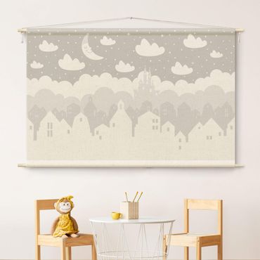 Tenture murale - Starry Sky With Houses And Moon In Grey
