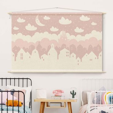 Tenture murale - Starry Sky With Houses And Moon In Light Pink