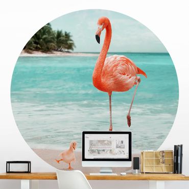 Papier peint rond autocollant plage - Beach With Flamingo