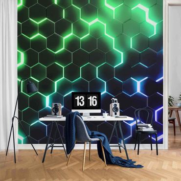 Papier peint - Hexagones structurés avec néon en vert et bleu