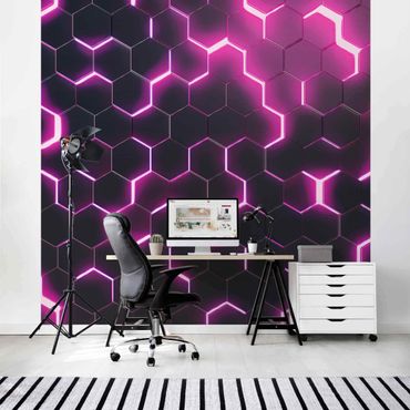 Papier peint - Hexagones structurés avec néon en fuchsia