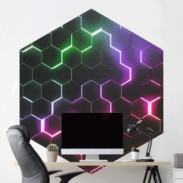 Papier peint panoramique hexagonal autocollant - Hexagonal Pattern With Neon Light