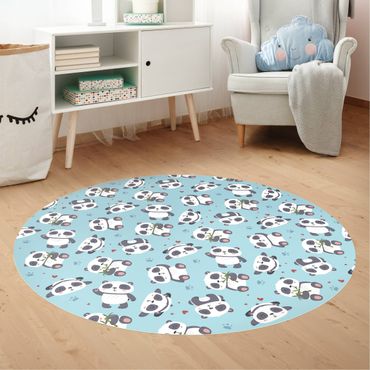 Tapis en vinyle rond|Cute Panda With Paw Prints And Hearts Pastel Blue