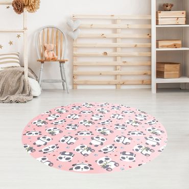 Tapis en vinyle rond|Cute Panda With Paw Prints And Hearts Pastel Pink