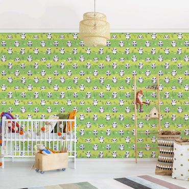 Papier peint - Cute Panda Bears Wallpaper Green