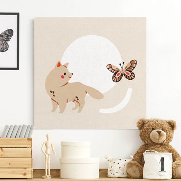 Tableau sur toile naturel - Cute Animal Illustration - Cat And Butterfly - Carré 1:1