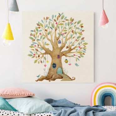 Tableau sur toile naturel - Cute Tree In Watercolours - Carré 1:1