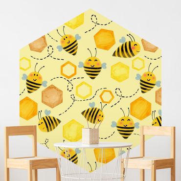 Papier peint hexagonal autocollant avec dessins - Sweet Honey With Bees Illustration