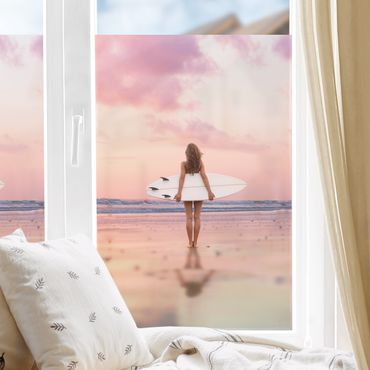 Décoration pour fenêtre - Surfeuse avec planche au crépuscule