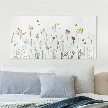 Impression sur toile - Papillons dansant sur des fleurs sauvages - Format paysage 2:1