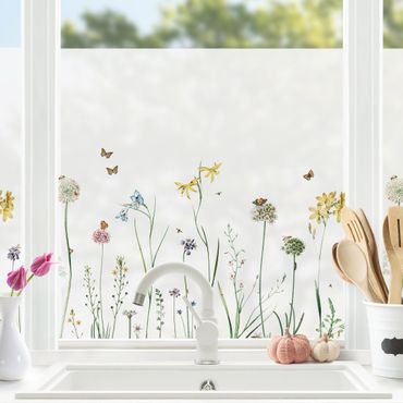 Décoration pour fenêtre - Papillons dansant sur des fleurs sauvages