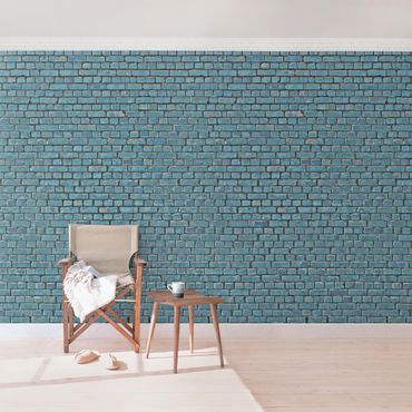Papier peint - Brick Tile Wallpaper Turquoise Blue