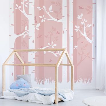 Papier peint - Pink Birch Forest With Butterflies And Birds