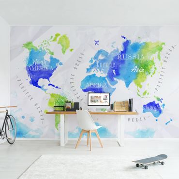 Papier peint - World Map Watercolour Blue Green