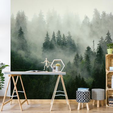 Papier peint - Forêt de sapins vert foncé dans le brouillard