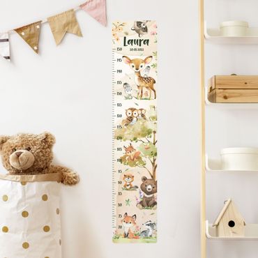 Toise sticker mural enfant - Animals from the forest watercolour with custom name