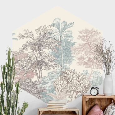 Papier peint panoramique hexagonal autocollant - Tropical Forest With Palm Trees In Pastel