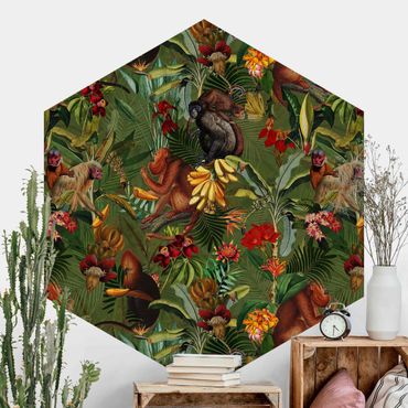 Papier peint hexagonal autocollant avec dessins - Tropical Flowers With Monkeys