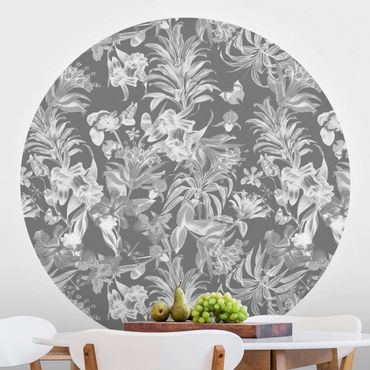 Papier peint rond autocollant - Tropical Flowers In Front Of Grey