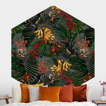 Papier peint hexagonal autocollant avec dessins - Tropical Ferns With Tucan Green