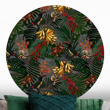 Papier peint rond autocollant - Tropical Ferns With Tucan Green