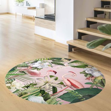Tapis en vinyle rond|Tropical Flamingos With Plants In Pink