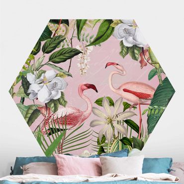Papier peint hexagonal autocollant avec dessins - Tropical Flamingos With Plants In Pink