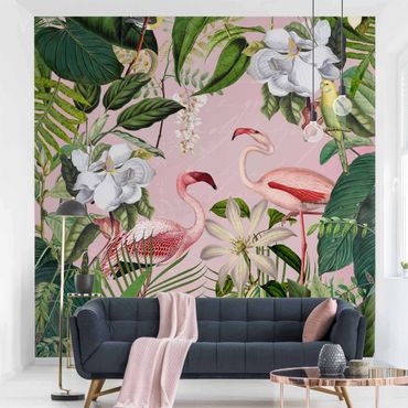 Papier peint - Fenicotteri tropicali con piante in rosa