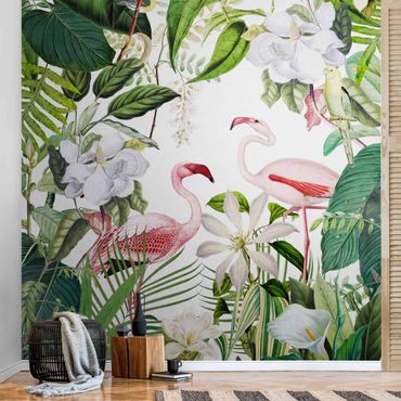 Metallic wallpaper - Tropical Flamingos With Plants