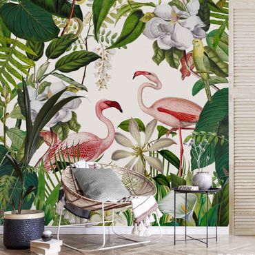 Papier peint - Tropical Flamingos With Plants