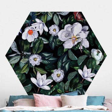 Papier peint hexagonal autocollant avec dessins - Tropical Night With White Flowers