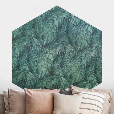 Papier peint hexagonal autocollant avec dessins - Tropical Palm Leaves With Gradient Turquoise