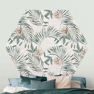 Papier peint hexagonal autocollant avec dessins - Tropical Palm Bows With Roses Watercolour