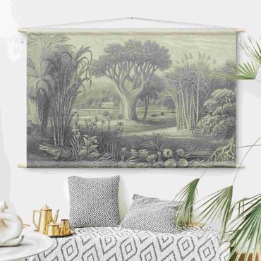 Tenture murale - Tropical Copperplate Engraving Garden With Pond In Grey