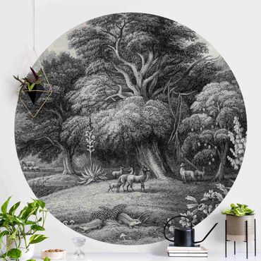 Papier peint rond autocollant - Tropical Copperplate Engraving In Warm Grey