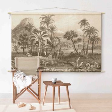 Tenture murale - Tropical Copperplate Engraving With Giraffes In Brown